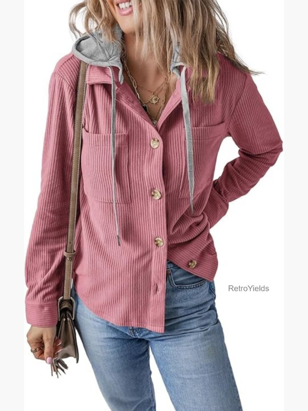 Long Sleeve Button Down Corduroy Shacket Jacket Casual Hooded Coat